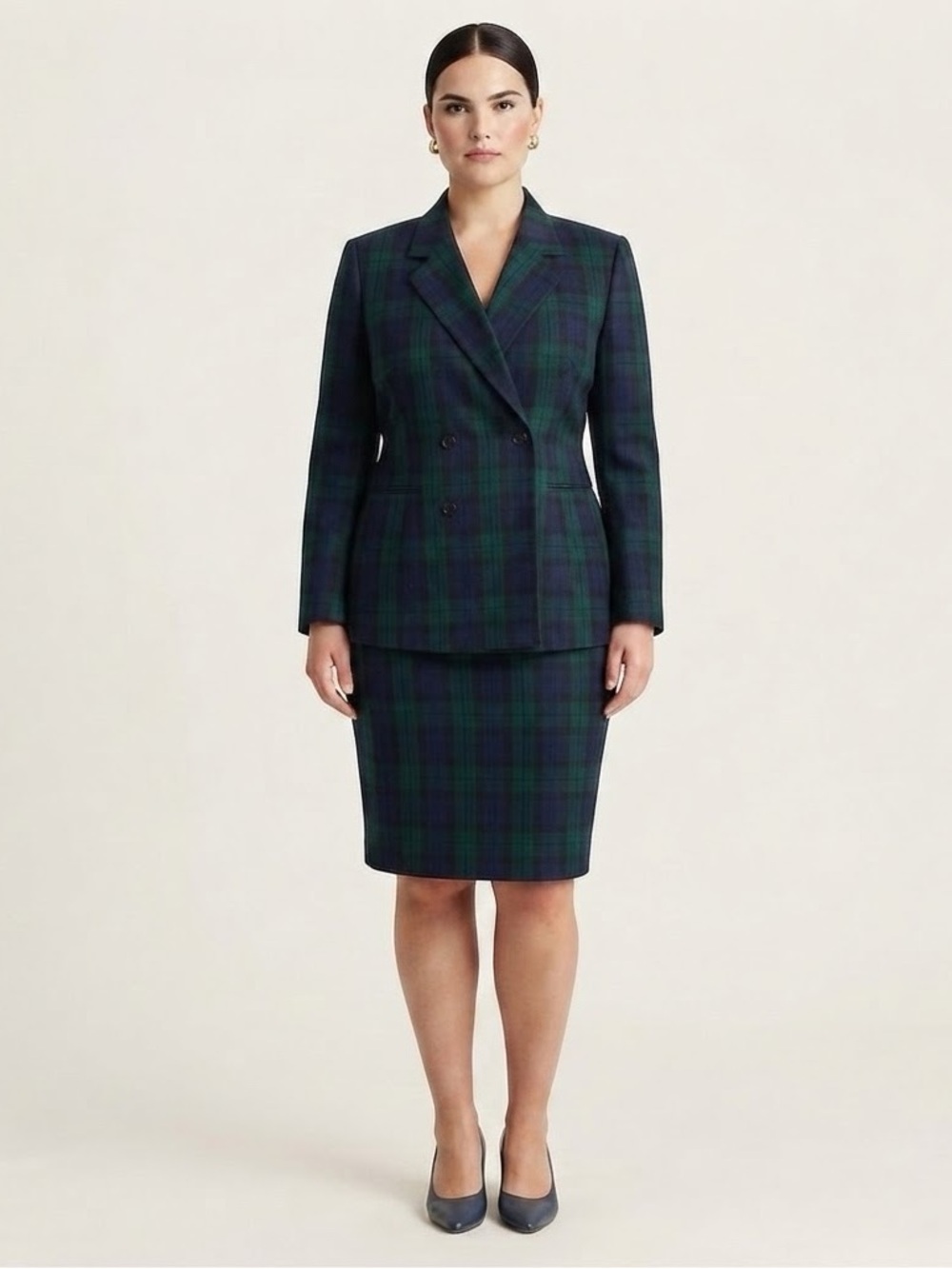 Vintage Theomiles Wool Tartan Plaid Skirt Suit US 14 Hungary Double Breasted
